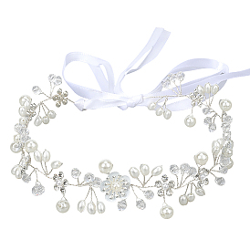 Полиэстеровая повязка на голову с пластиковыми жемчужинами и акриловыми цветами для невесты, свадебная вуаль, аксессуары для волос, украшение для волос в виде лозы
