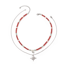 Conjunto de collares con colgante de estrella de circonita cúbica transparente estilo 2 piezas 2, Collares apilables con cuentas de ágata roja natural y aventurina verde y perlas para mujer