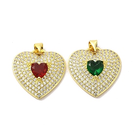 Brass Micro Pave Clear Cubic Zirconia Pendants, with Glass, Heart Charms, Golden