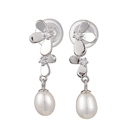 Natural Pearl Ear Studs, with Sterling Silver Micro Pave Clear Cubic Zirconia Findings, Oval & Flower