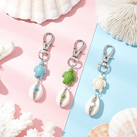 3Pcs Natural Cowrie Shell Pendant Decorations, with Synthetic Turquoise Turtle Beads and Alloy Swivel Lobster Claw Clasps for Bag Ornaments