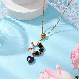 3D Hexagon Glass & Heart Synthetic Blue Goldstone Pendant Necklaces, 304 Stainless Steel Cable Chain Necklaces