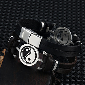 Bracelet à maillons yin yang en acier inoxydable avec cordons en cuir