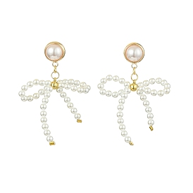 Natural Pearl Beaded Bowknot Dangle Stud Earrings, Golden Alloy Drop Earrings