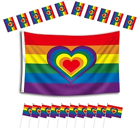 Polyester Pride Flag/Rainbow Flag, Banner & Backdrop & Hand Held Flag Set, for Home Garden Yard Party Decorations