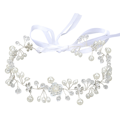 Полиэстеровая повязка на голову с пластиковыми жемчужинами и акриловыми цветами для невесты, свадебная вуаль, аксессуары для волос, украшение для волос в виде лозы