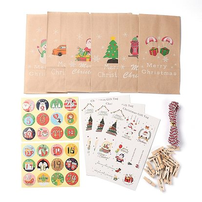 Christmas Theme Paper Bags, with Labels, Paster, Hemp Rope, and Wooden Clip, Sweets Gifts Bags for Christmas Decorate