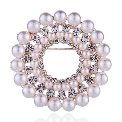 Round Alloy Rhinestone Brooches for Women, with Plastic Pearl