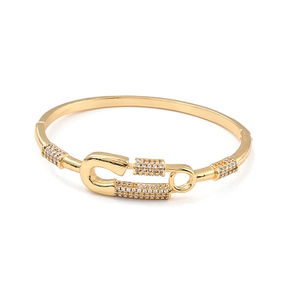 Safaty Pin Shape Cubic Zirconia Cuff Bangle, Brass Hinged Bangle for Women, Lead Free & Cadmium Free