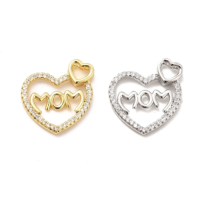 Rack Plating Brass Micro Pave Cubic Zirconia Pendants, Heart with Word MOM Charm for Mother's Day, Long-Lasting Plated, Cadmium Free & Lead Free