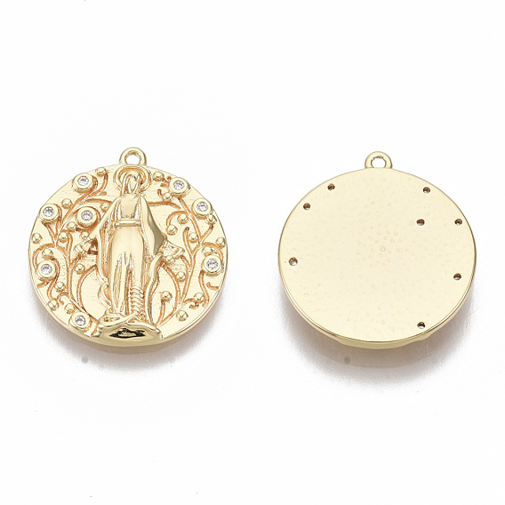 Латунные микропаве прозрачные подвески с фианитом, без никеля , плоские круглые с Девой Марией, реальный 18 k позолоченный