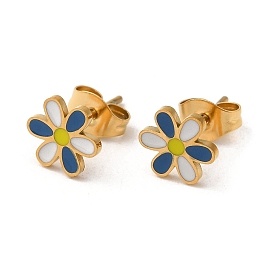 Ion Plating(IP) 304 Stainless Steel Stud Earrings with Colorful Enamel, Flower Shape