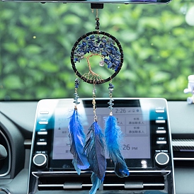 Tree of Life Natural Lapis Lazuli Chips Woven Web/Net with Feather Decorations, Home Decoration Ornament Festival Gift