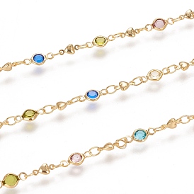 Handmade Brass Heart Link Chains, with Glass Links and Spool, Soldered, Long-Lasting Plated, Colorful