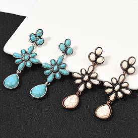 Серьги-гвоздики из сплава синтетической бирюзы, цветок с каплей