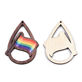 Single Face Printed Basswood Big Pendants, Undyed, Teardrop Charms with Rainbow Color Flag