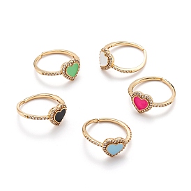 Латунные кольца из манжеты с прозрачным цирконием, открытые кольца, с эмалью, без никеля , сердце, золотые