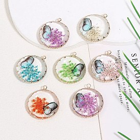 Латунь стекло кулоны, плоский круг с рисунком из сухоцветов и бабочек, золотые