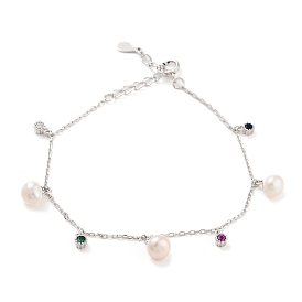 925 Sterling Silver Cable Chain Bracelets, Pearl & Cubic Zirconia Charm Bracelets for Women