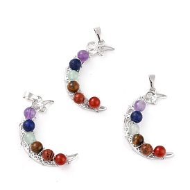 Natural Mixed Gemstone Round Chakra Pendants, with Platinum Plated Brass Findings, Cadmium Free & Lead Free, Moon