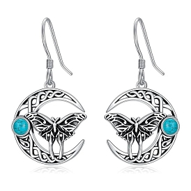 Alloy & Turquoise Pendant Dangle Earrings, Flat Round with Butterfly