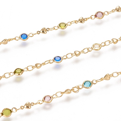Handmade Brass Heart Link Chains, with Glass Links and Spool, Soldered, Long-Lasting Plated, Colorful