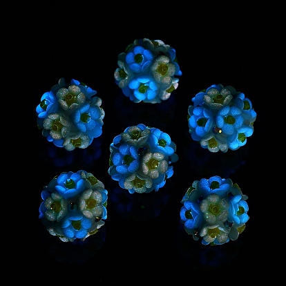 Luminous Resin Pave Rhinestone Beads, Glow in the Dark Flower Round Beads with Porcelain