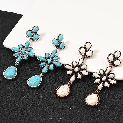 Серьги-гвоздики из сплава синтетической бирюзы, цветок с каплей