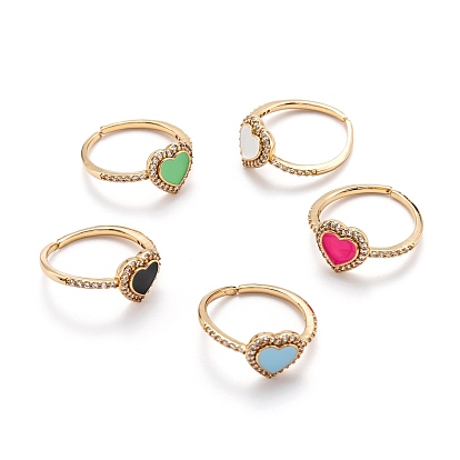 Латунные кольца из манжеты с прозрачным цирконием, открытые кольца, с эмалью, без никеля , сердце, золотые