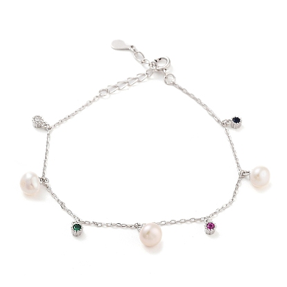925 Sterling Silver Cable Chain Bracelets, Pearl & Cubic Zirconia Charm Bracelets for Women