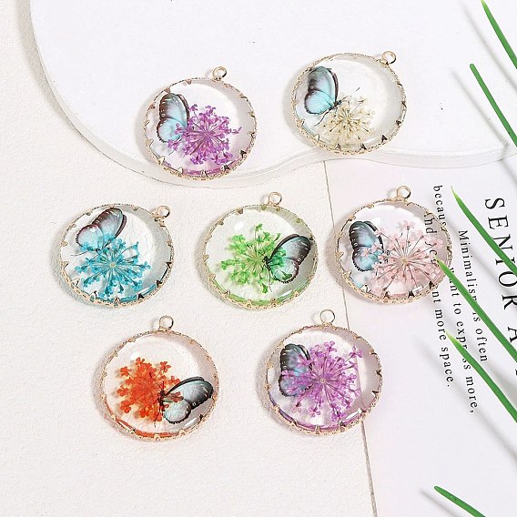 Латунь стекло кулоны, плоский круг с рисунком из сухоцветов и бабочек, золотые