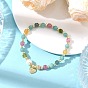 Brass Micro Pave Clear Cubic Zirconia Charm Natural Gemstone Round and Faceted Cube Beaded Stretch Bracelets for Women, Golden