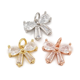 Rack Plating Brass Micro Pave Clear Cubic Zirconia Charms, Lead Free & Cadmium Free, Long-Lasting Plated, Bowknot