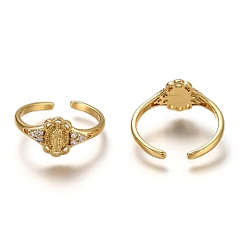 Latón micro pavé claro anillos de brazalete de circonio cúbico, anillos abiertos, larga duración plateado, ovalo con santo