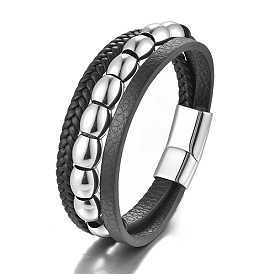 Imitation Leather Triple Layer Multi-strand Bracelets, Stainless Steel Bracelets Magnetic Clasp for Men