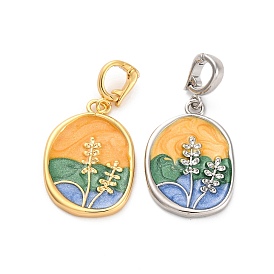 Brass Enamel Pendants, Oval with Flower Charm