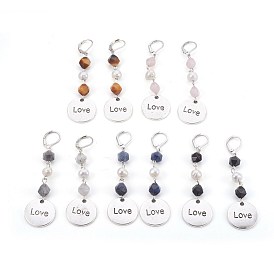 Natural Gemstone Leverback Earrings, with Pearl Beads, Tibetan Style Alloy Pendants, 304 Stainless Steel Eye Pin and Brass Leverback Earring Findings, Flat Round with Word Love