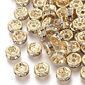 Brass Cubic Zirconia Beads, Flat Round, Clear, Nickel Free