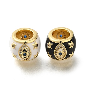 Rack Plating Brass Micro Pave Cubic Zirconia European Beads, with Enamel, Large Hole Beads, Lead Free & Cadmium Free, Real 18K Gold Plated, Barrel with Evil Eye