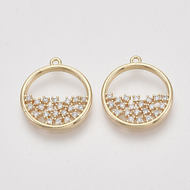 Brass Micro Pave Cubic Zirconia Pendants, Flat Round, Nickel Free, Real 18K Gold Plated