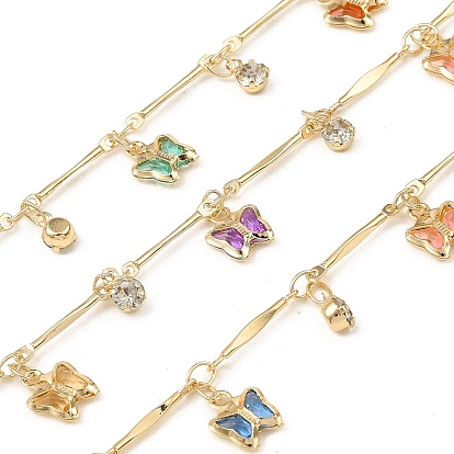 Rack Plating Brass Bar Link Chains, with Butterfly Glass Charms, Long-Lasting Plated, Soldered, with Spool