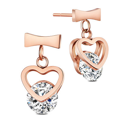 Stainless Steel Dangle Stud Earrings, with Grade AAA Cubic Zirconia, Heart, Clear