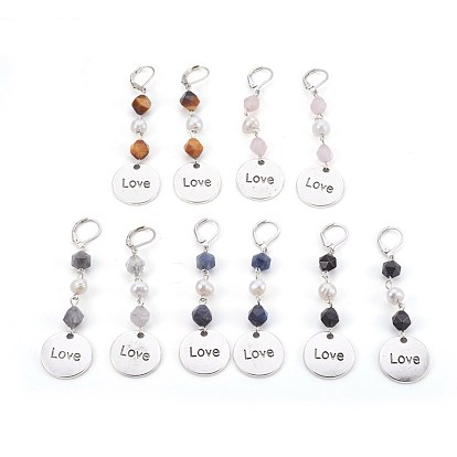 Natural Gemstone Leverback Earrings, with Pearl Beads, Tibetan Style Alloy Pendants, 304 Stainless Steel Eye Pin and Brass Leverback Earring Findings, Flat Round with Word Love