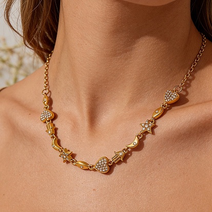 Colliers à maillons en acier inoxydable et laiton, sertis de micro-pavés de zircon cubique transparent en forme de cœur et d'œil de cheval, avec une main de Hamsa, pour femmes.