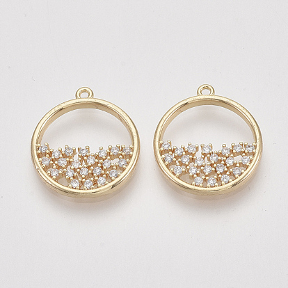 Brass Micro Pave Cubic Zirconia Pendants, Flat Round, Nickel Free, Real 18K Gold Plated