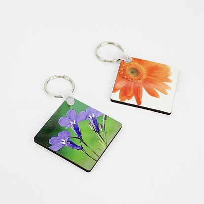 Sublimation Double-Sided Blank MDF Keychains, with Square Shape Wooden Hard Board Pendants and Iron Split Key Rings