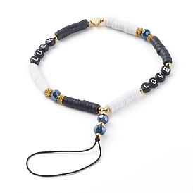 Sangles mobiles heishi en pâte polymère, avec des perles d'émail acrylique, perles de verre et perles de laiton, mot d'amour, or