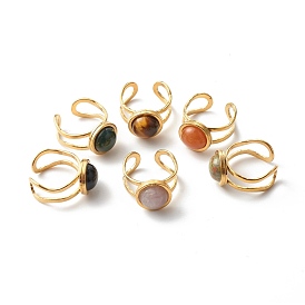 Natural & Synthetic Mixed Gemstones Cuff Ring, with 304 Stainless Steel Findings, Flat Round