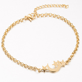Stainless Steel Moon & Star Link Bracelet with Rolo Chains for Women
