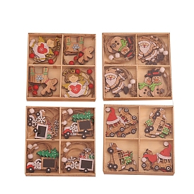 Décorations de pendentif en bois imprimé sur le thème de Noël, décorations suspendues pour sapin de Noël, avec corde de chanvre et perles de bois